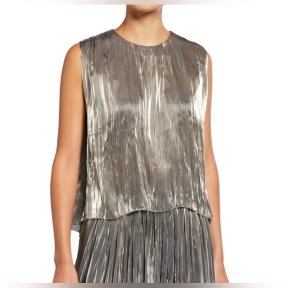 VINCE Moonstone Iridescent Pleated Shell, Sheer, Size XS